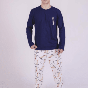 Pijama Masculino Divertido – Blusa Azul e Calça Estampada
