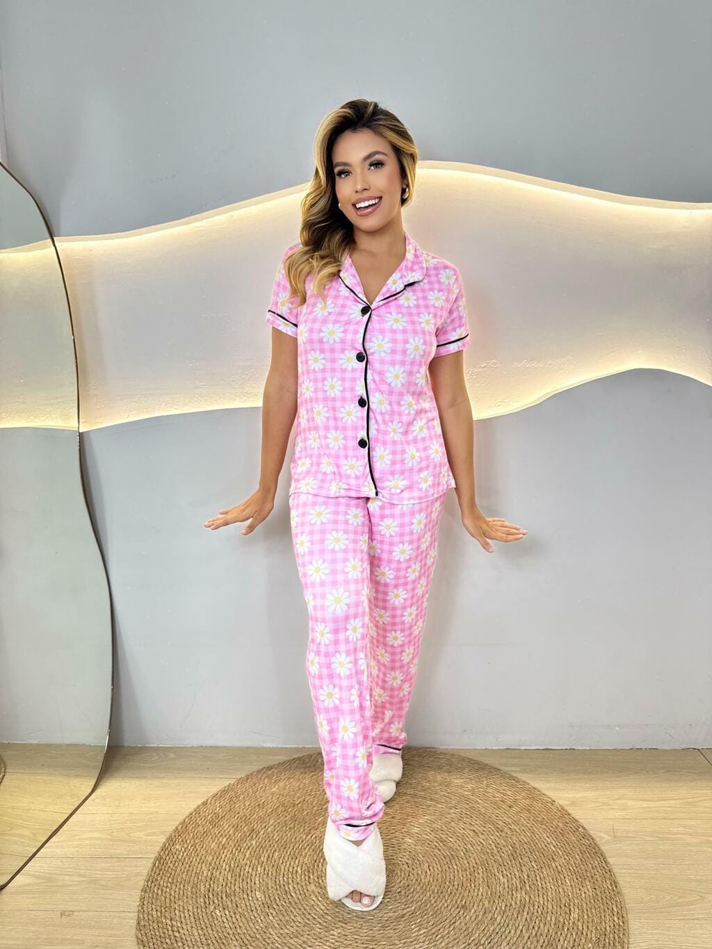 Longo Americano M. Curta - Flores F. Xadrez Rosa